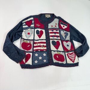 Heirloom Collectibles Sweater Womens XL Patriotic Heart Cardigan Patchwork USA*